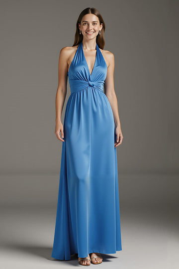 Lake Blue A Line Satin Long Formal Dress